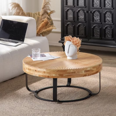 31.5"W Modern Retro Round Coffee Table with Metal Legs, Pine Wood Table Top with Carving Pattern, Black 4Q - ModernLuxe | Target