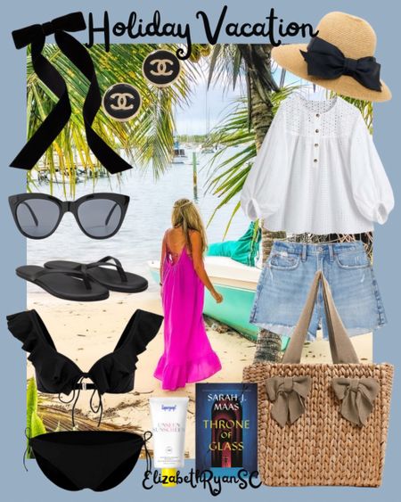 Who’s dreaming of a holiday vacation? This maxi dress is from 9seed (they come in one size) and I linked everything pictured. Happy holidays!🎄
#ltkstyletip
#ltku
#ltkitbag
#ltkwedding
Black Sunglasses 
Black Sandals 
Denim Shorts 
Chanel Earrings 
Straw Hat
Tote Bag
Black Bikini
Book
Sunscreen 
Hair Bow
White Blouse

#LTKtravel #LTKswim #LTKHoliday