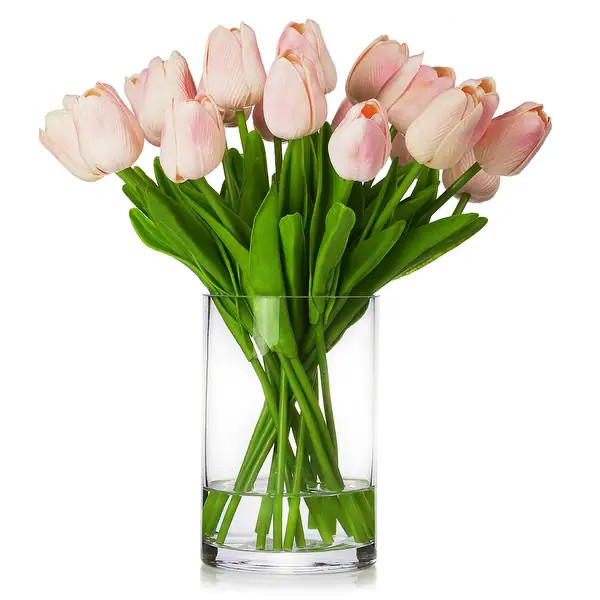 Enova Home 20 Pieces Artificial Real Touch Tulips Fake Silk Flowers Arrangement in Glass Vase wit... | Bed Bath & Beyond