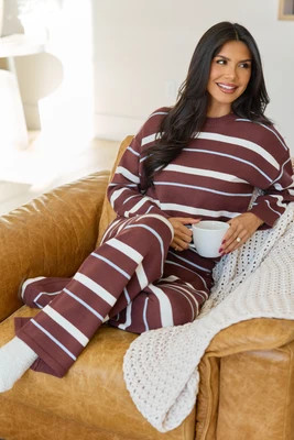 Weekend Replay Striped Crewneck Sweater Brown/Blue | Pink Lily