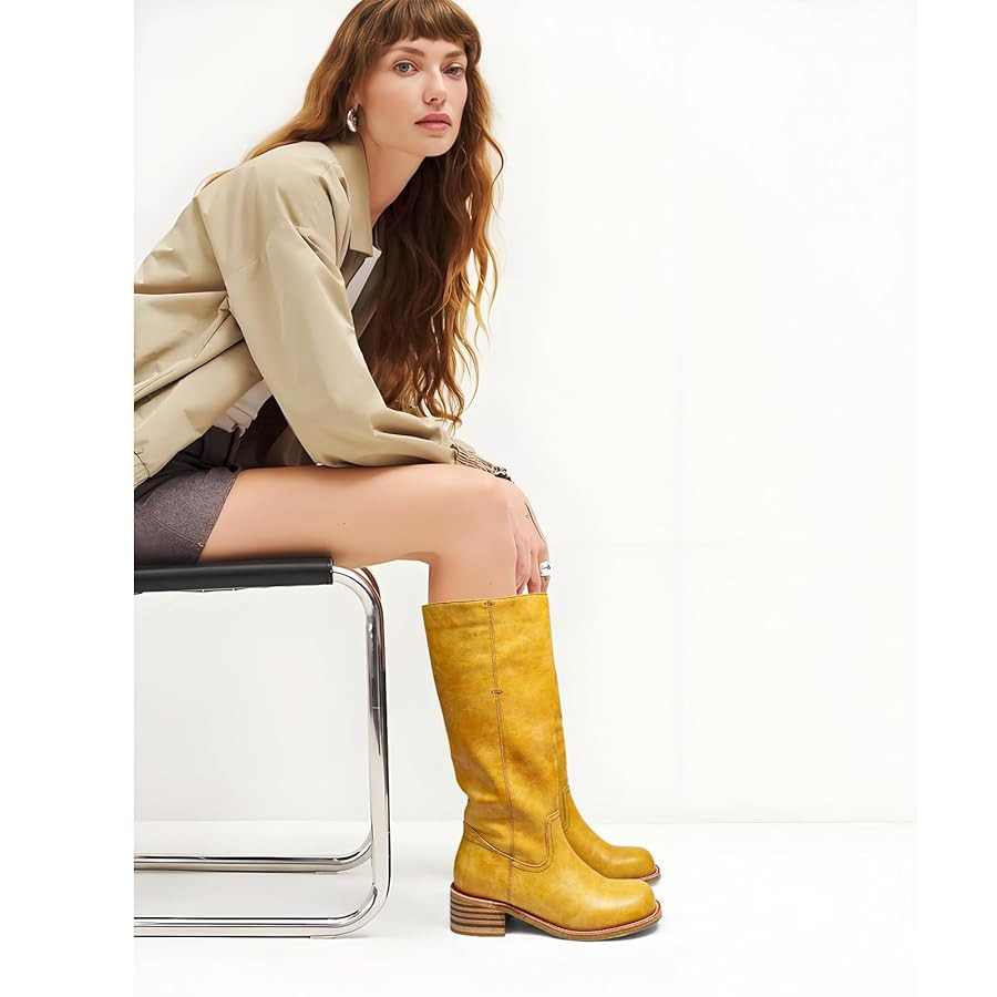 UBWDU Women's Knee High Boots Chunky Block Heel Long Boots Square Toe Low Heel Boots for Women | Amazon (US)