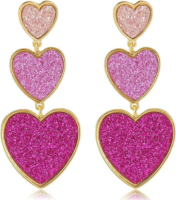 Hot Piink Heart Earrings for Women Pearl Heart Earrings for Teen Girls Three Heart Dangle Earring... | Amazon (US)