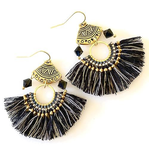 Black and Gold Fan Tassel Earrings, Black Tassels, Starry Night Woven Tassels, Tribal Chandeliers... | Amazon (US)