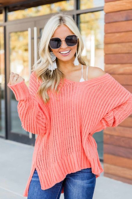 Have You Near Neon Coral Sweater SALE | The Pink Lily Boutique