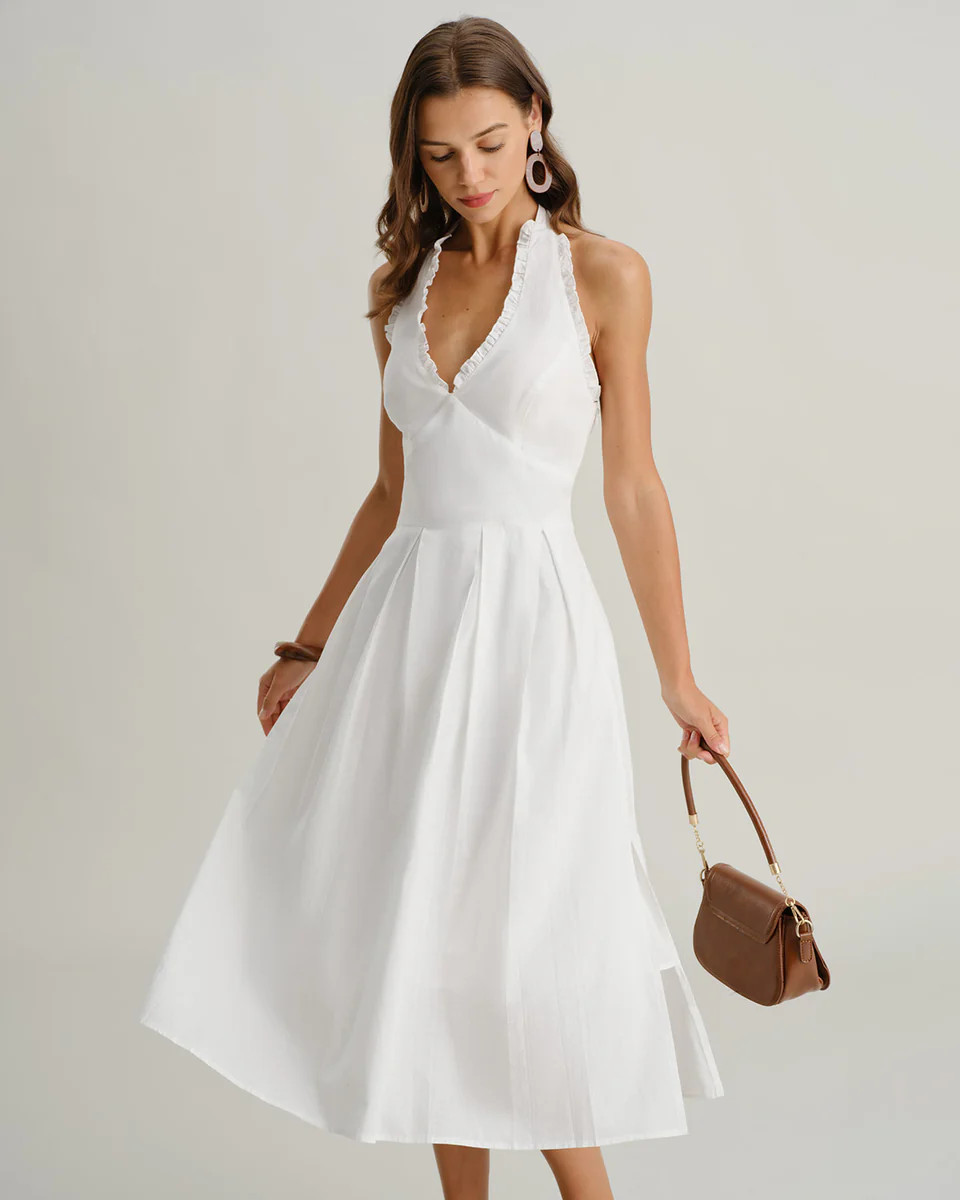 White V Neck Halter Sleeveless Midi Dress | rihoas.com
