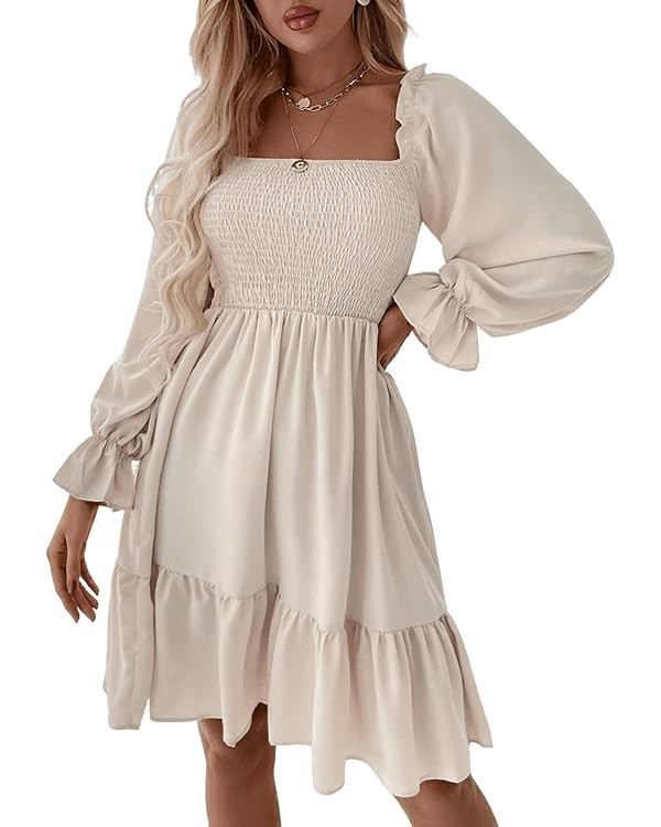 GORGLITTER Women's Long Sleeve Ruffle Mini Dress Square Neck Flowy A Line Smocked Dresses Khaki L... | Amazon (US)