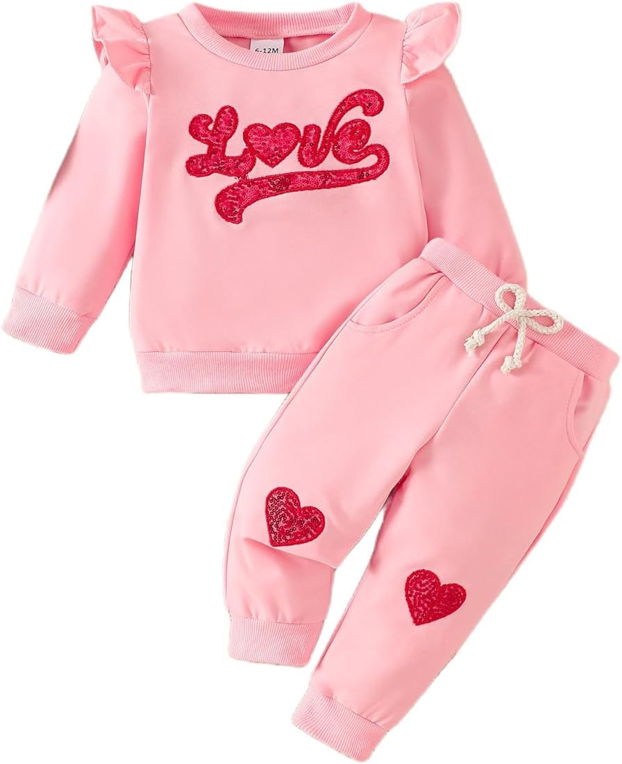 Valentine's Day Baby Girl Outfits Letter Sweatshirt Tops Love Heart Print Drawstring Pants Spring... | Amazon (US)