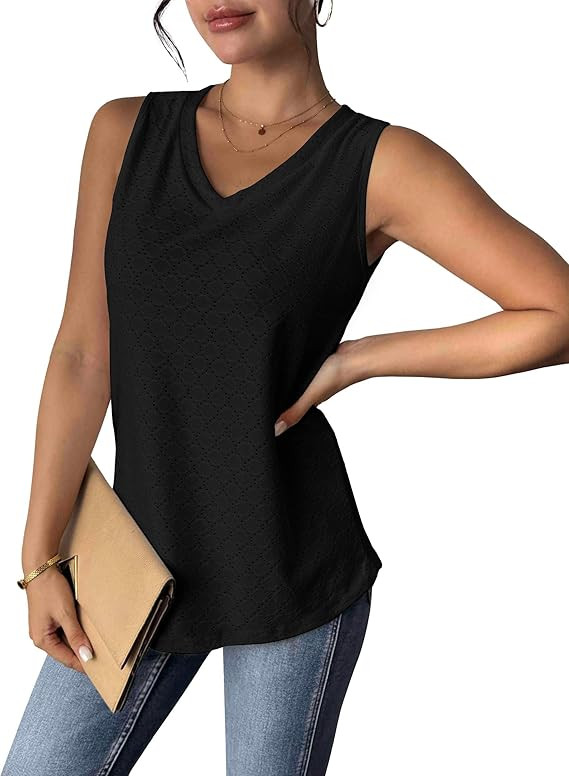 Zeagoo Women Eyelet Tank Tops Sleeveless Shirts V Neck Cute Summer Top Loose Fit Camisole S-XXL | Amazon (US)
