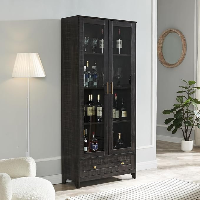Home Source Display Storage Cabinet in Black with Glass Doors | Amazon (US)