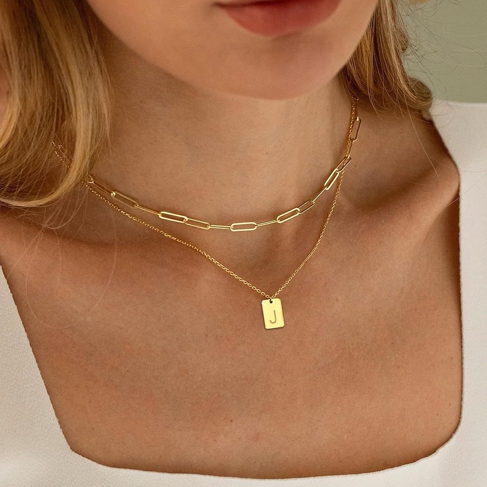 Initial Necklace for Women - 18K Gold Plated Layered Initial Necklaces for Women Simple Paperclip... | Amazon (US)