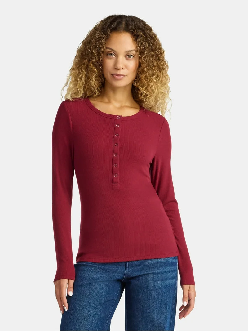 Time and Tru Women's Henley Shirt with Long Sleeves, Size XS-XXXL | Walmart (US)