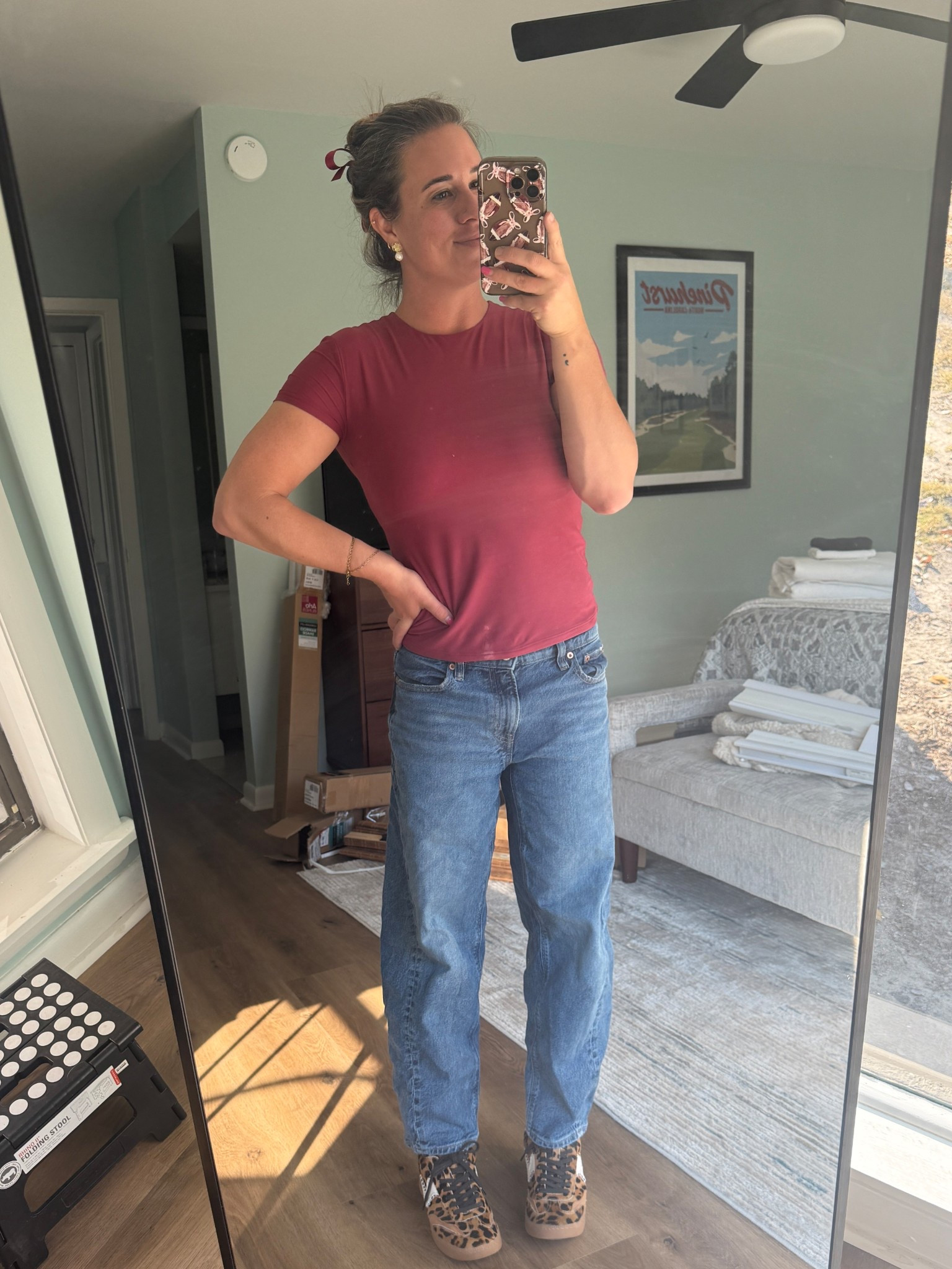 Obsessed with this red wine color for fall into winter! Barrel jeans that actually fit for petite women 👏🏼👏🏼👏🏼 leopard sneakers go with everything! 

Casual outfit, fall outfit, petite style, petite mom, wine red shirt, barrel jeans, leopard 

#LTKootd #LTKPetite #LTKmomlife