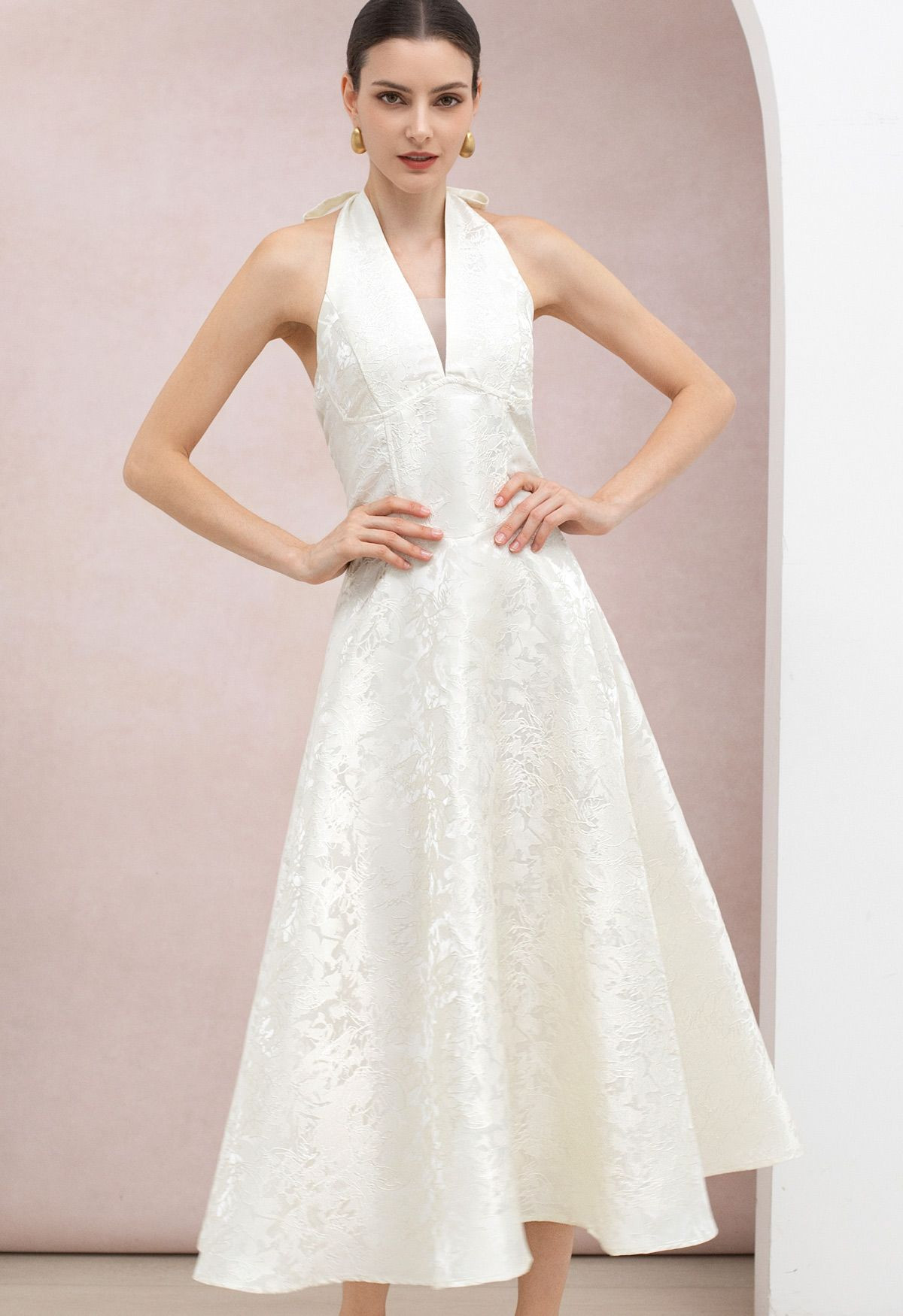 Floral Jacquard Deep-V Halter Neck Maxi Dress in Ivory for Honeymoon & Seaside Vows | Chicwish