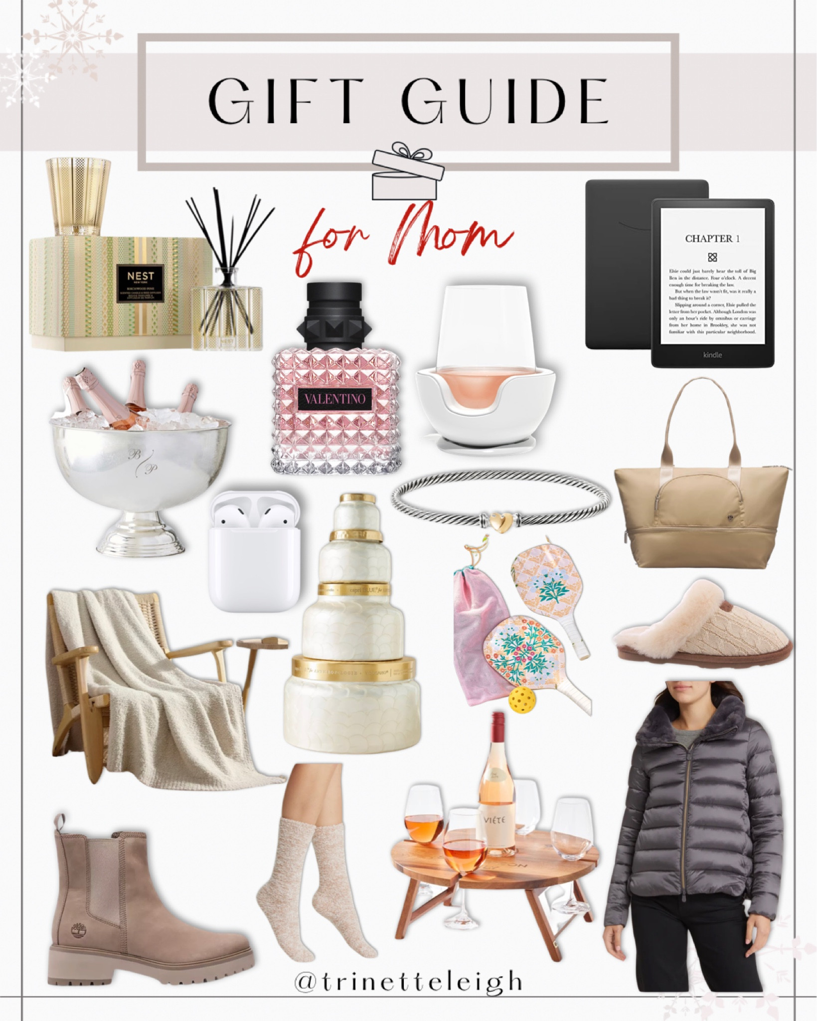 Gift Guide for Mom. Apple AirPods. Fragrance diffuser. Valentino perfume. Wine glass cooler. Kindle book. Tan tote bag. Puffy jacket. Fuzzy slippers. White and gold candle. Fuzzy blanket. Fuzzy socks. Portable wine table. Pickleball racket. Heart bracelet. Champagne bowl. Brown boots.

#LTKHoliday #LTKGiftGuide #LTKSeasonal