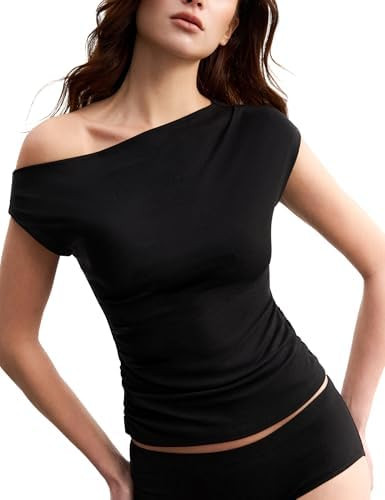 Women's Ultra-Lightweight Tencel Wool Off The Shoulder Tops Y2K Going Out Top Asymmetrical Shirts... | Amazon (US)