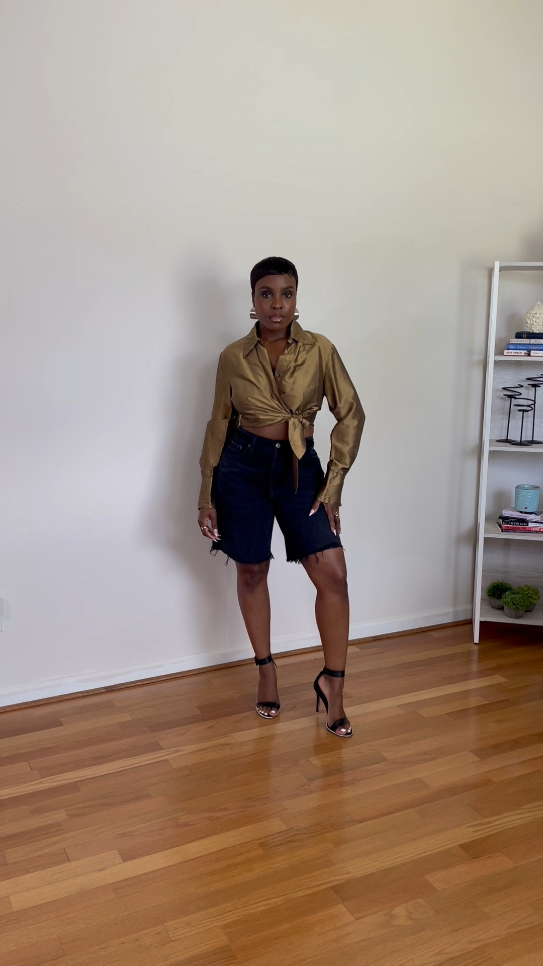 Bronze blouse, Agolde jeans, Bermuda shorts, black denim Jen shorts, square toe strappy black sandal, edgy summer outfit

#LTKStyleTip #LTKSummerEdit #LTKSeasonal