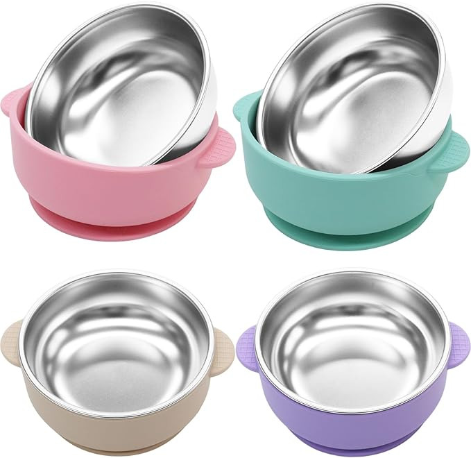 4 Pack Stainless Steel Baby Bowls with Suction, 2-in-1 SUS304 Toddlers Bowl & Removable Silicone ... | Amazon (US)