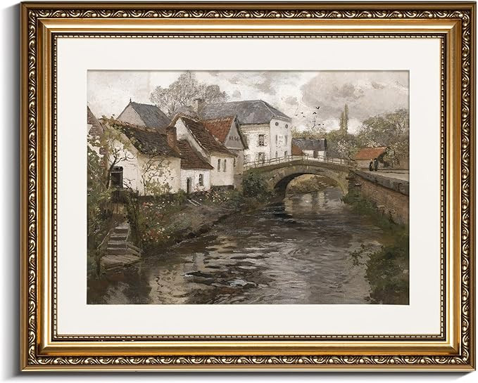 InSimSea Retro Gold Framed Wall Art, Home Room Riverside Small Town Vintage Wall Decor, Canvas Pr... | Amazon (US)