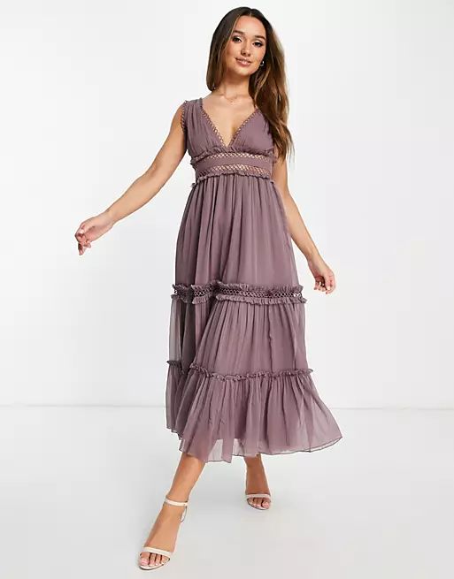 ASOS DESIGN lace insert midi dress with ruffle detail in mauve | ASOS (Global)
