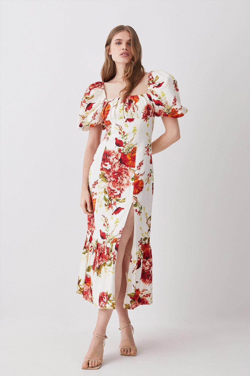 Rose Print Linen Viscose Woven Midi Dress | Karen Millen UK + IE + DE + NL