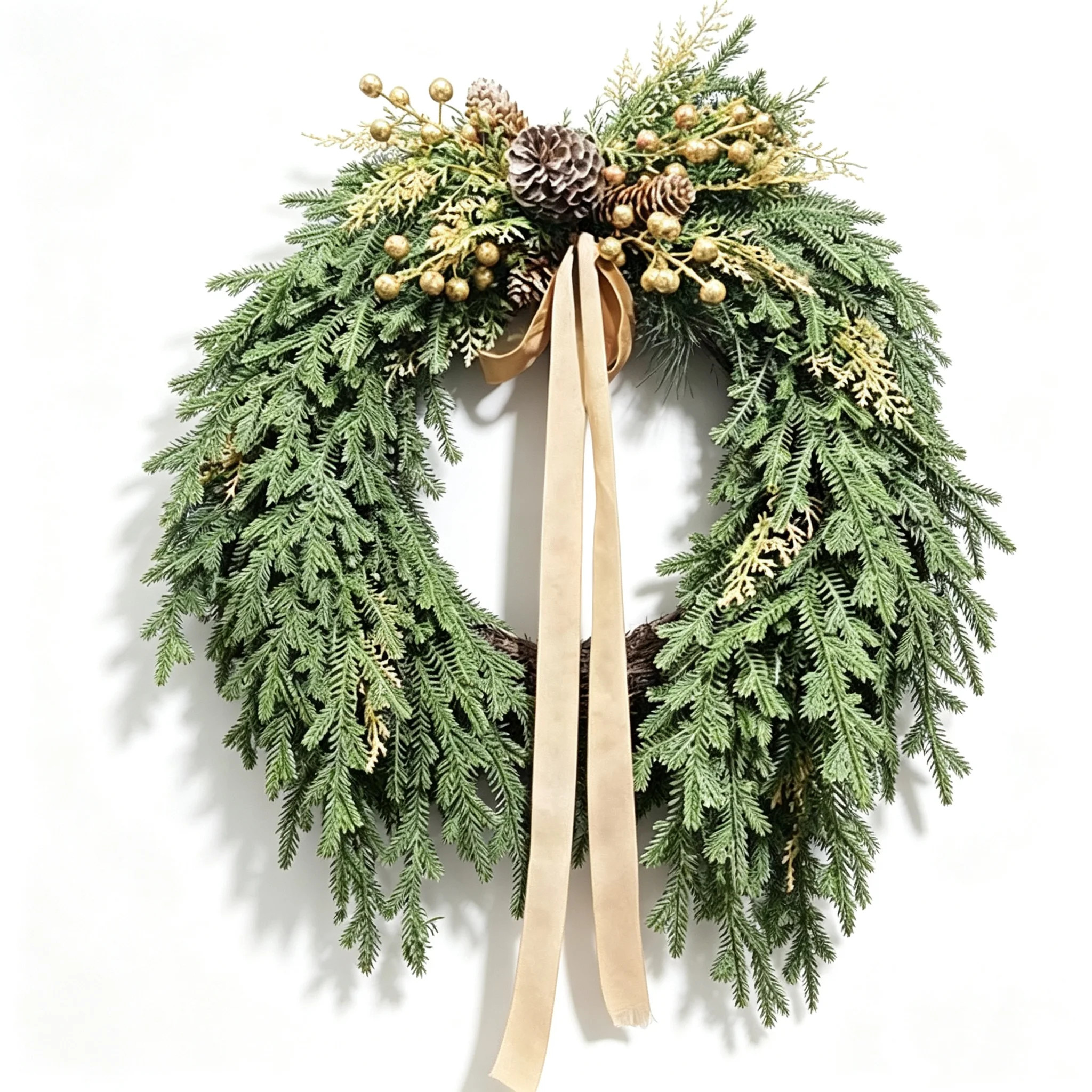 Rustic Christmas Norfolk Pine Bow Wreath, 21.65" Artificial Faux Greenery Rattan Swag with Pine C... | Wayfair North America