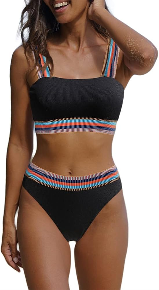 Hilinker Women's Color Block Ribbed Knit Bikini Set Contrast Trim 2 Piece Swimsuits | Amazon (US)