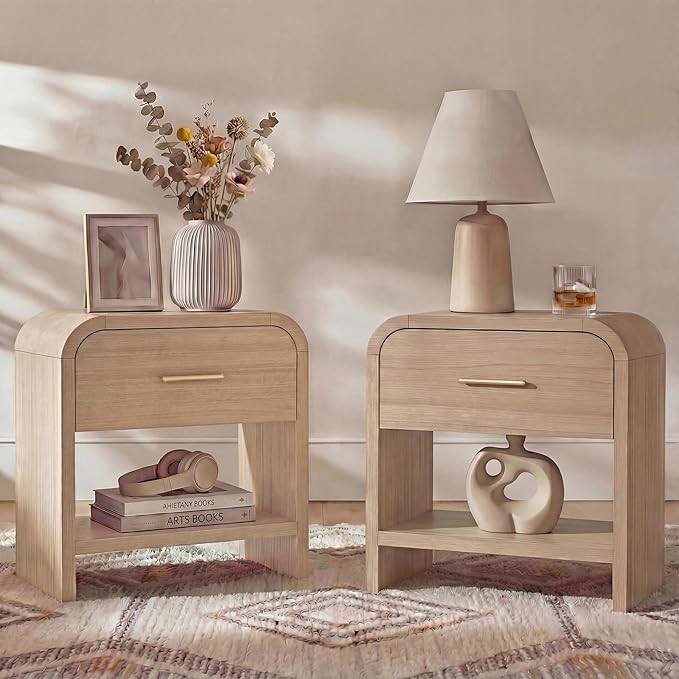 Night Stand Set of 2 [Unique Curved Profile] [FSC-Certified Wooden Board] 1-Drawer and 1 Storage ... | Amazon (US)