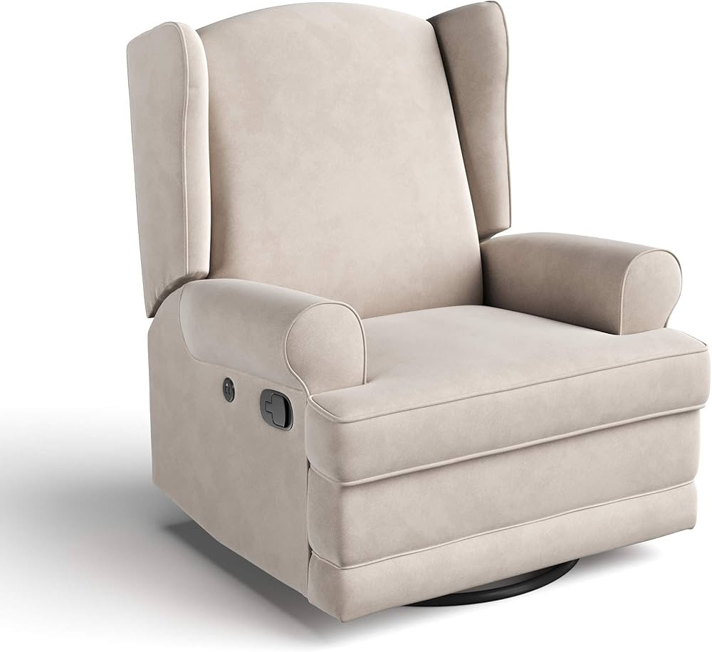 Storkcraft Serenity Upholstered Swivel Glider with USB Charging Port (Ivory) – Fully Upholstered Wingback Nursery Glider Recliner with Manual Recline Function, 2 USB Charging Ports, 360 Swivel Base | Babylist