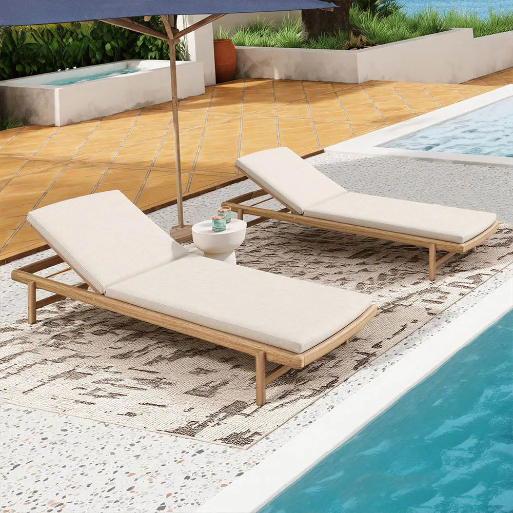 Coolbibila Set of 2 Acacia Wood Outdoor Chaise Lounges with Beige Water Repellent Cushions Patio Lounger Teak Polyester in White | LEON-LOUNGE-BEIGE | Lowe's