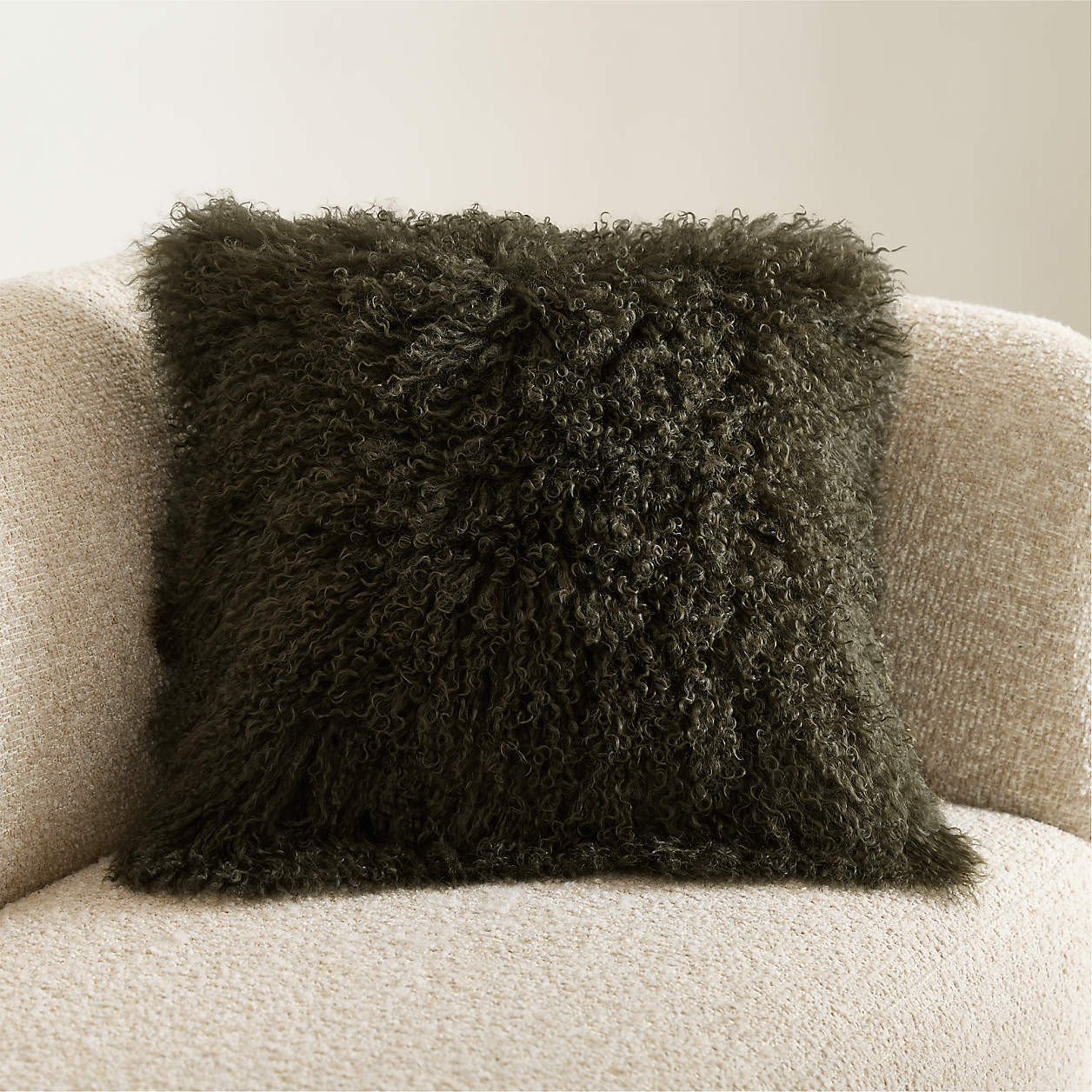Mongolian Sheepskin 20"x20" Burnt Green Throw Pillow with Down-Alternative Insert + Reviews | Cra... | Crate & Barrel