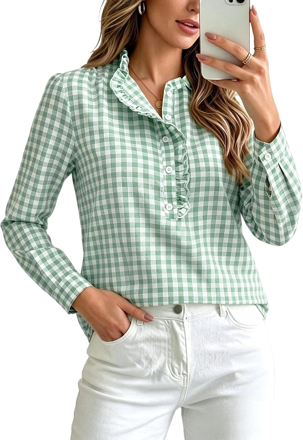 Halife Womens Puff Long Sleeve Tops Ruffle Plaid Shirts Button Down Shirt | Amazon (US)