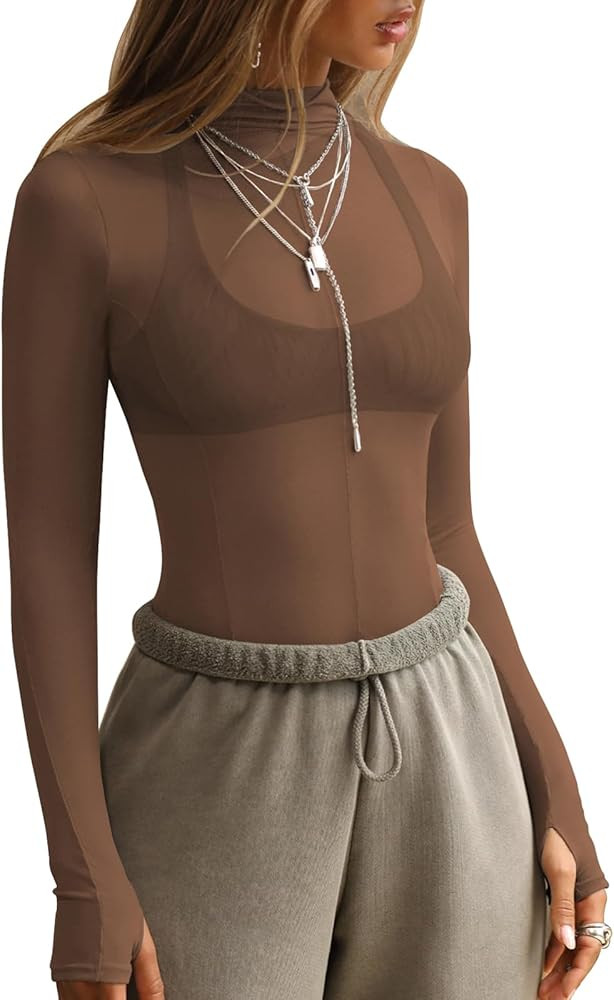 Women's Mesh Sheer Long Sleeve Tops Sexy See Through Mock Neck Going Out Shirts | Amazon (US)