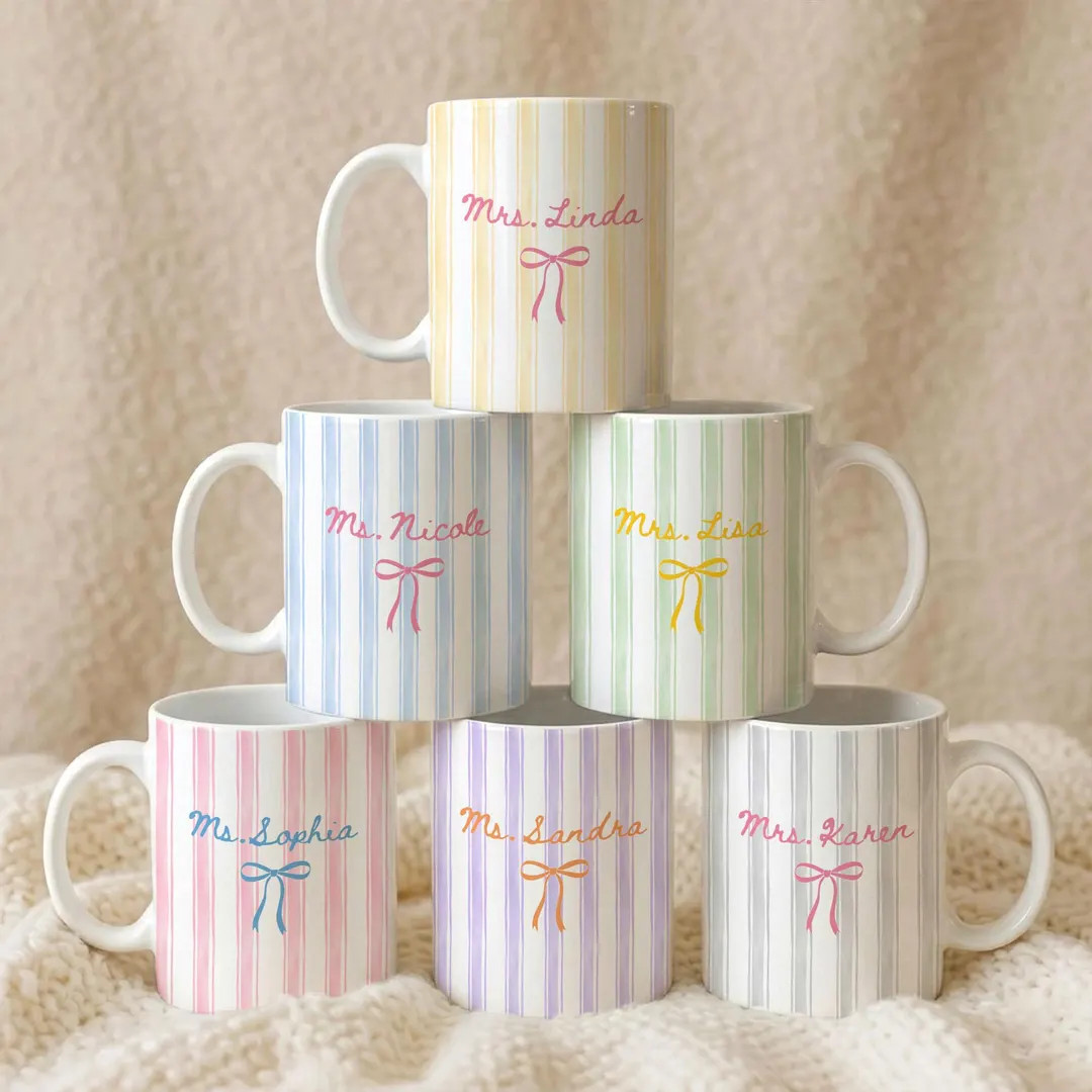 Custom Name Teacher Mug, Teacher Appreciation Gifts, Stripe Coquette Mug Gifts for Teacher, End o... | Etsy (US)