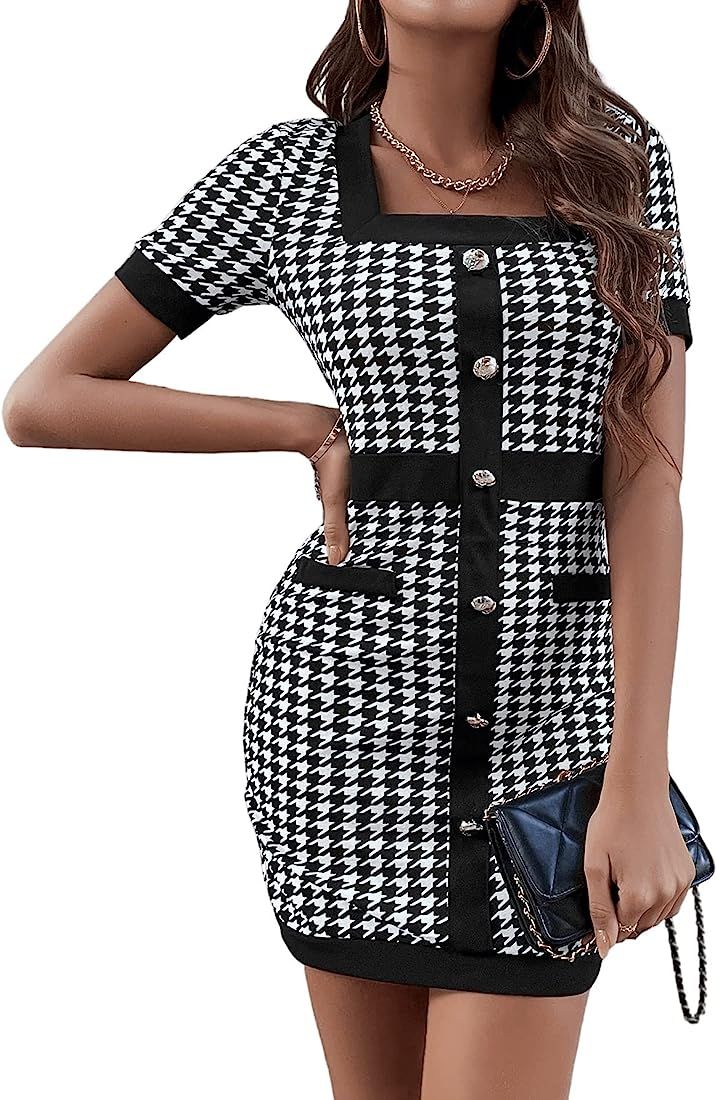 SweatyRocks Women's Casual Short Sleeve Square Neck Dress Houndstooth Button Front Bodycon Mini D... | Amazon (US)