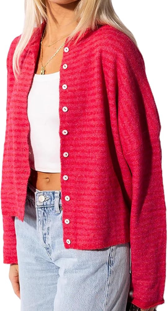 Women Striped Cardigan Button Down Long Sleeve Crewneck Crop Cardigans Sweater Cute Knitwear Fall... | Amazon (US)