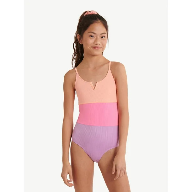 Justice Girls Ribbed Colorblocked One-Piece Swimsuit, Sizes 5-18 | Walmart (US)