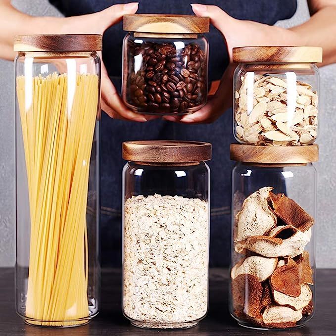 SAIOOL Set of 5 Kitchen Canisters,Thick, Stackable, Natural Style,Cookie, Rice and Spice Jars - ... | Amazon (US)