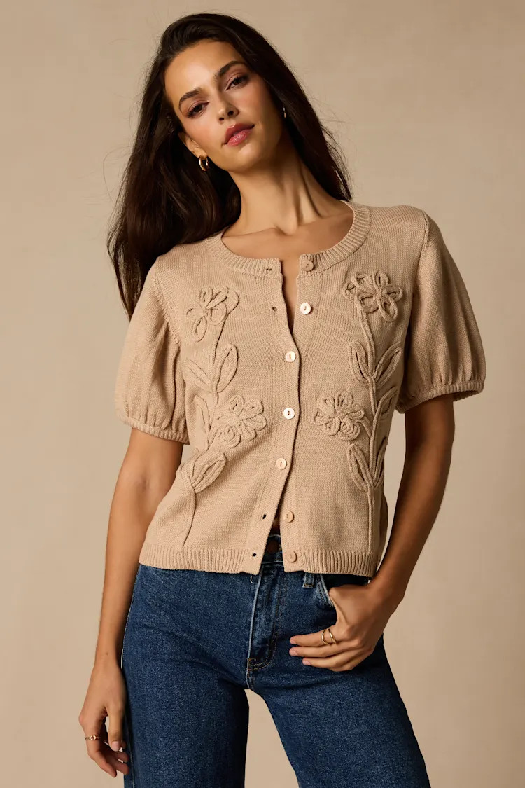Susan Beige Short Sleeve Button-Up Cardigan | Lulus