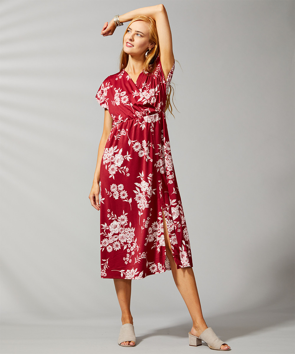 Bella Flore Women's Casual Dresses RED - Red & White Floral Slit Midi Dress - Women & Plus | Zulily