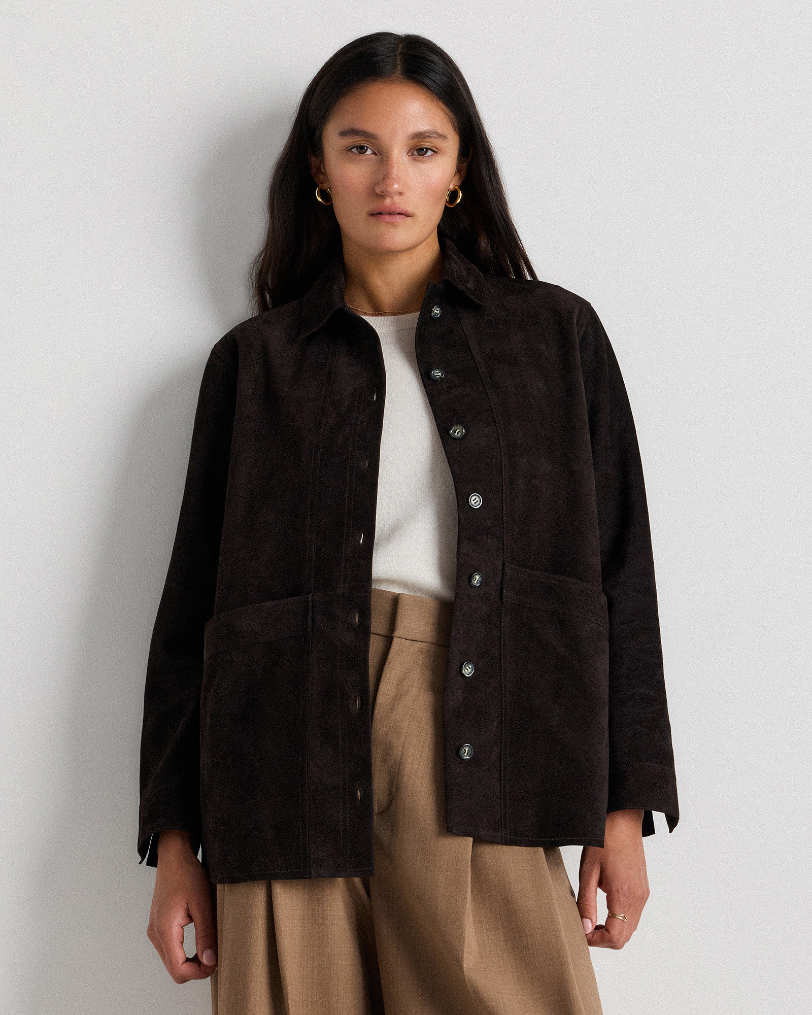 Quince | Women's 100% Suede Chore Jacket in Charcoal Black, Size Small, Suede Leather | Quince