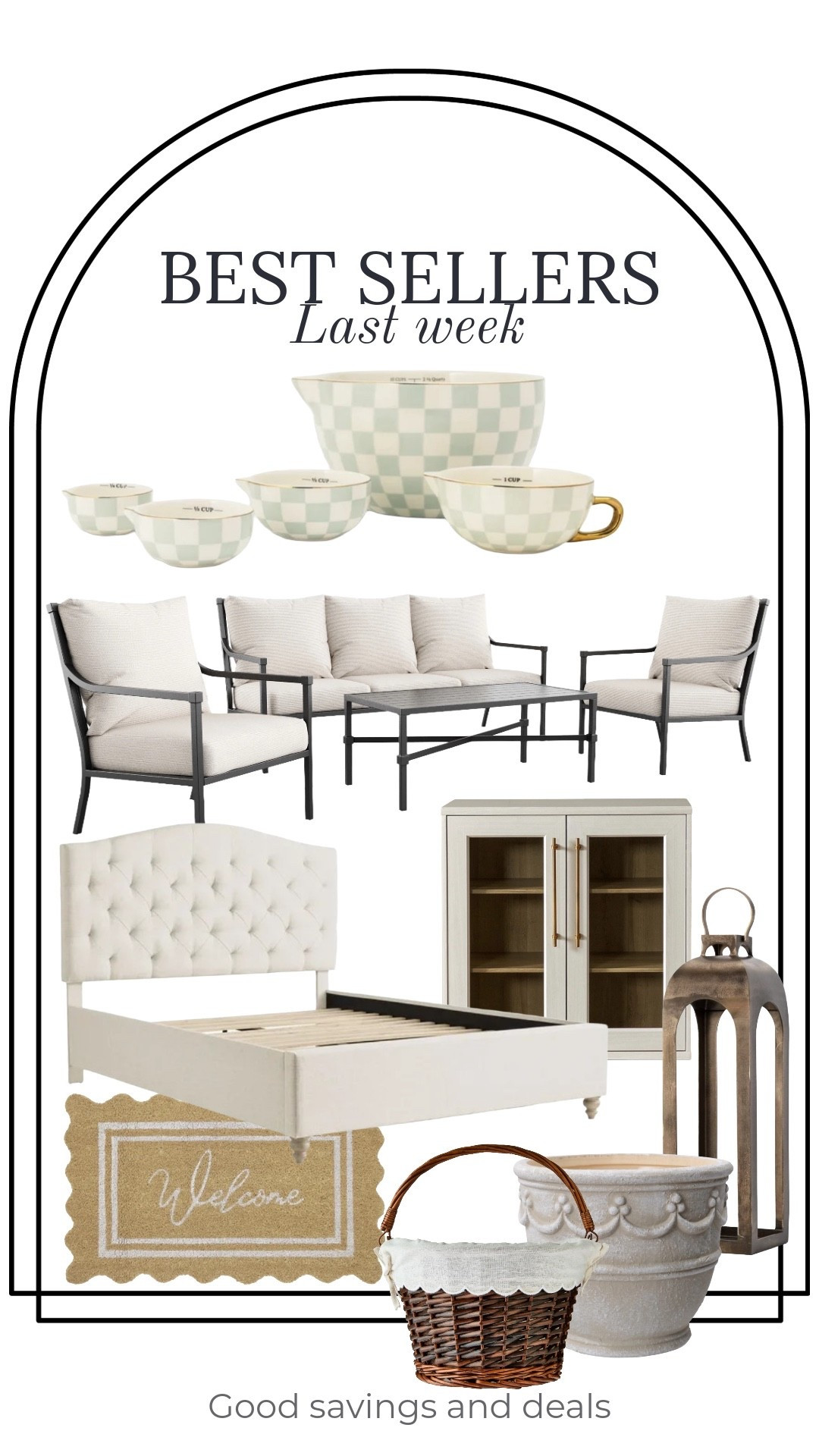 Best sellers last week include upholstered bed frame from My Texas House, outdoor furniture, checkered measuring bowls, brass latern, display cabinet. Home finds.

#LTKHome