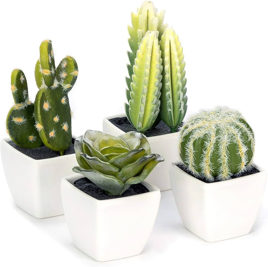 Artificial Mini Succulent & Cactus Plants in White Cube-Shaped Pots for Home Decor, Set of 4 | Amazon (US)