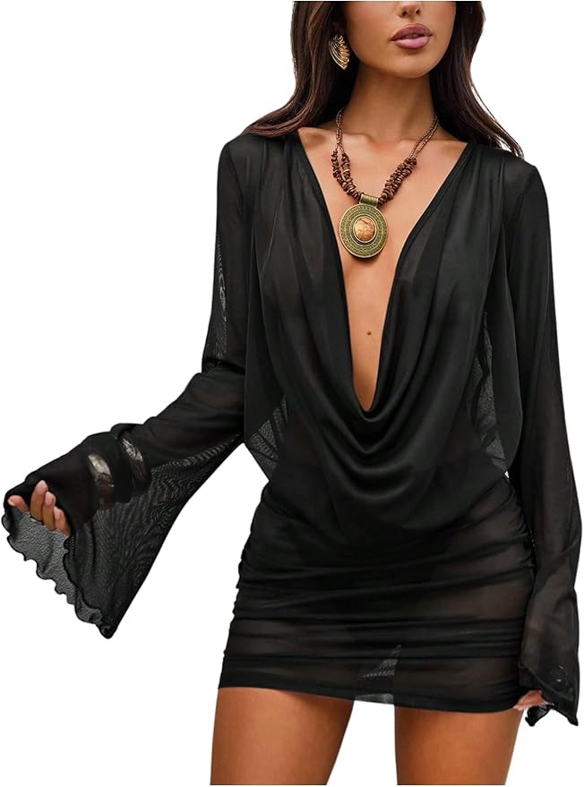 SOLY HUX Women's Summer Sheer Mesh Beach Mini Dress Draped Deep V Neck Bell Sleeve Swimsuit Cover... | Amazon (US)