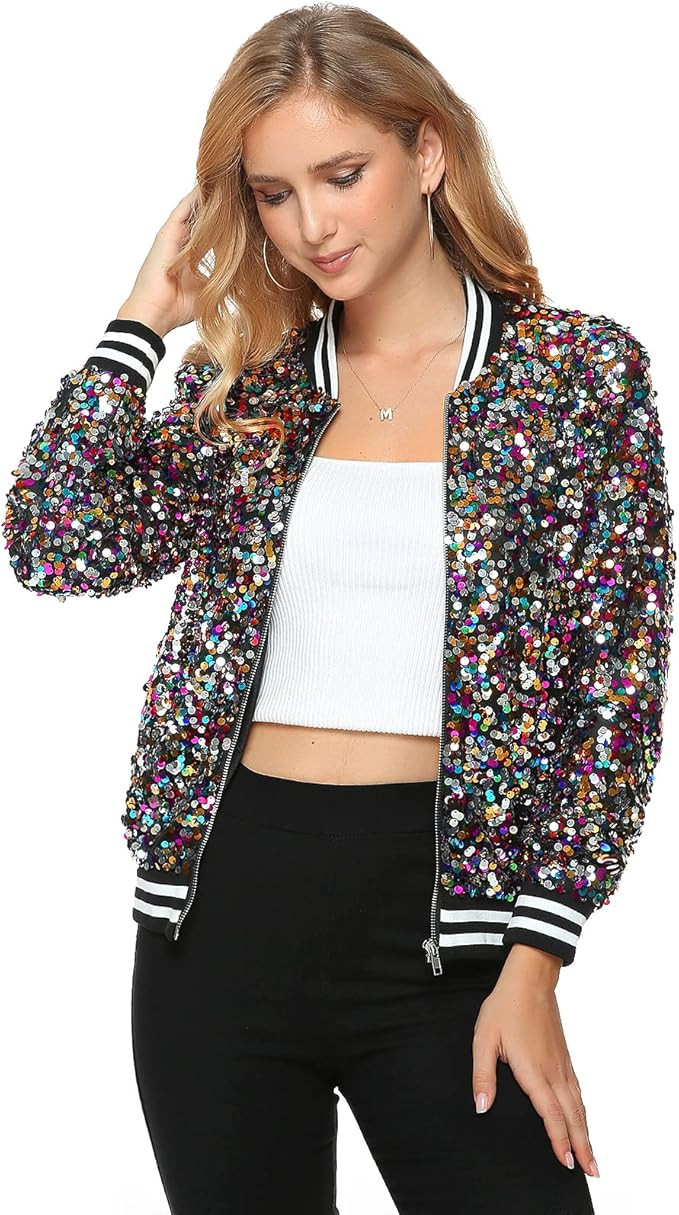 Yutuwomsfushi Womens Long Sleeve Sequin Open Front Zipper Jacket with Ribbed Cuffs | Amazon (US)