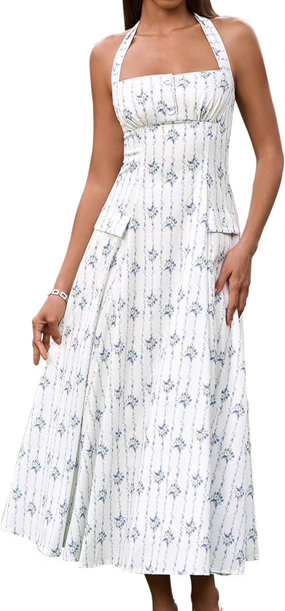 GLNEGE Floral Halter Corset Midi Dresses Summer Flowy Wedding Guest Dress A Line Bow Tea Party Su... | Amazon (US)