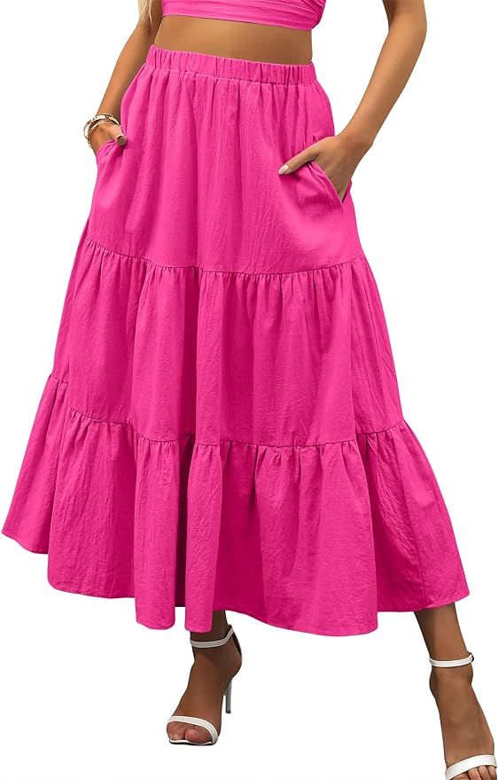 ANRABESS Women’s Summer Boho Flowy Swing Tiered A-Line Midi Skirt Elastic Waist Pleated Long Be... | Amazon (US)