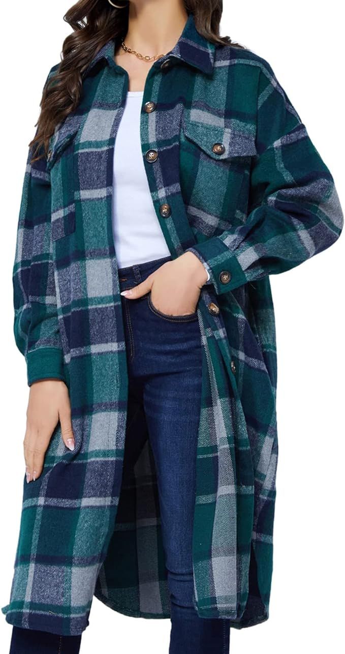 Xaspee Womens Long Plaid Shacket Jacket Casual Fashion Lapel Button Down Long Sleeve Long Plaid C... | Amazon (US)