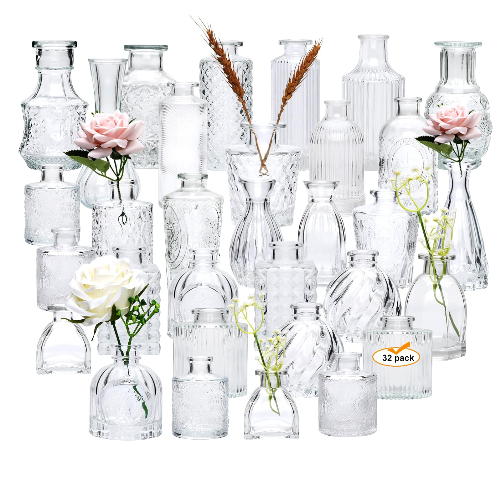 Brajttt Set of 32 Bud Vases for Flowers, Small Vintage Glass Bottles for Rustic Wedding Centerpie... | Amazon (US)