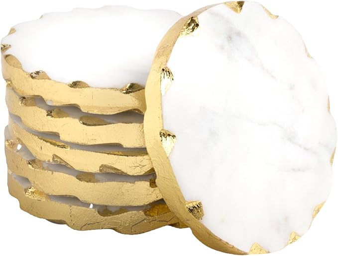 Set of 6 Real Marble Coasters with Golden Borders, decoratice White & Gold Coasters for Desk, Cof... | Amazon (US)