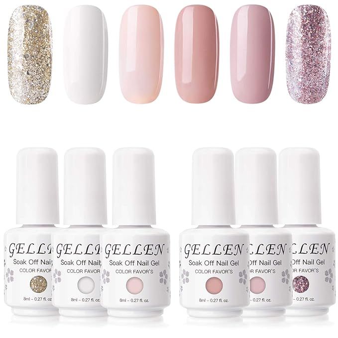 Gellen Gel Nail Polish Kit - 6 Colors Soft and Glitters Series Nude Peach White, Rose Champagne G... | Amazon (US)
